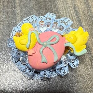 Vintage Easter Chick Brooch Pink Egg‎ Blue Lace Spring Holiday Pin Cute